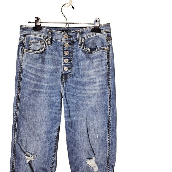 7 For All Mankind High Waist Cropped Straight Jeans - Button Fly Distressed Deni - Picture 5 of 12